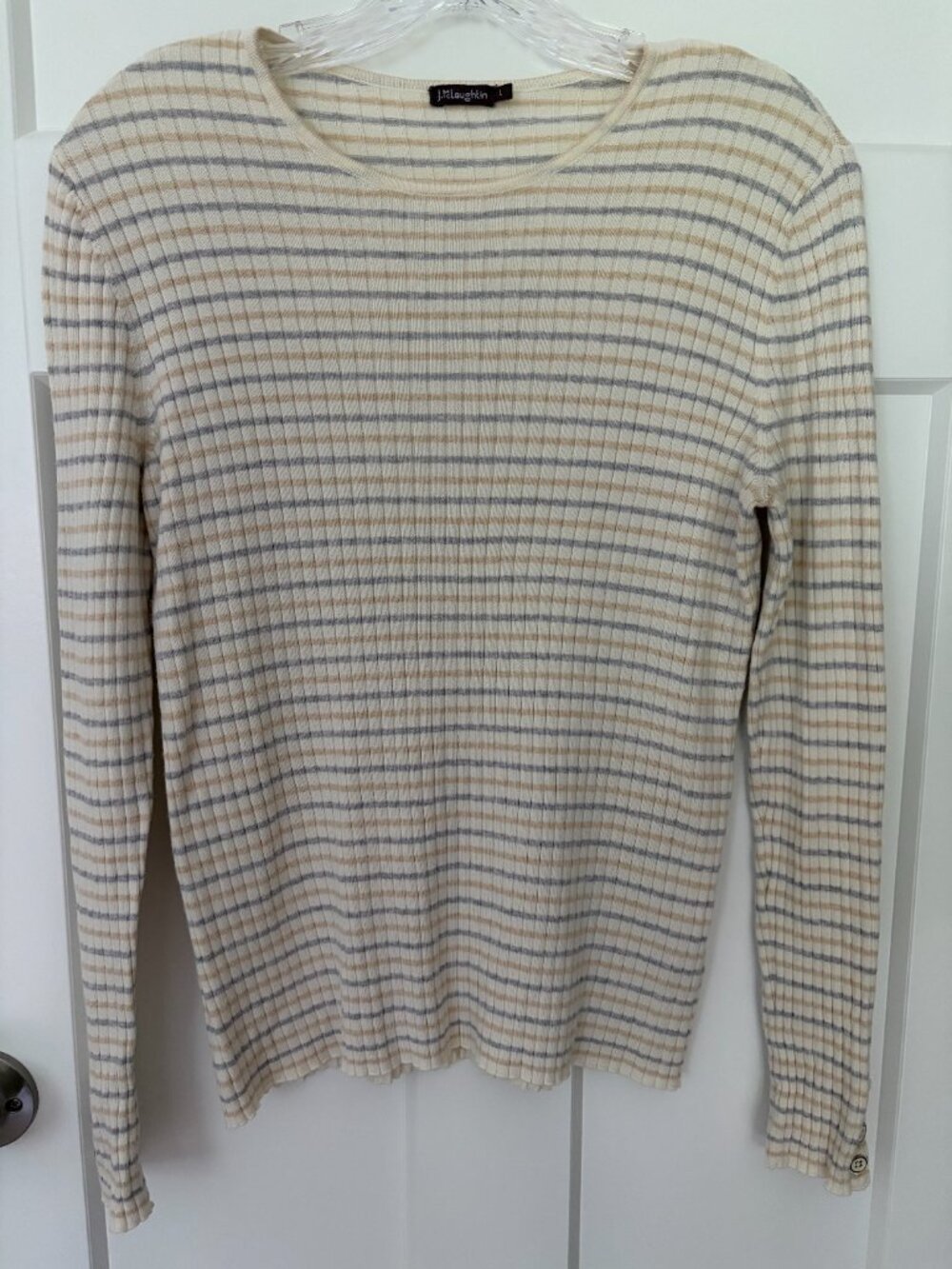 J.McLaughlin Large Annette Stripe Cotton Modal Ribbed Sweater Off-White/Tan/Grey